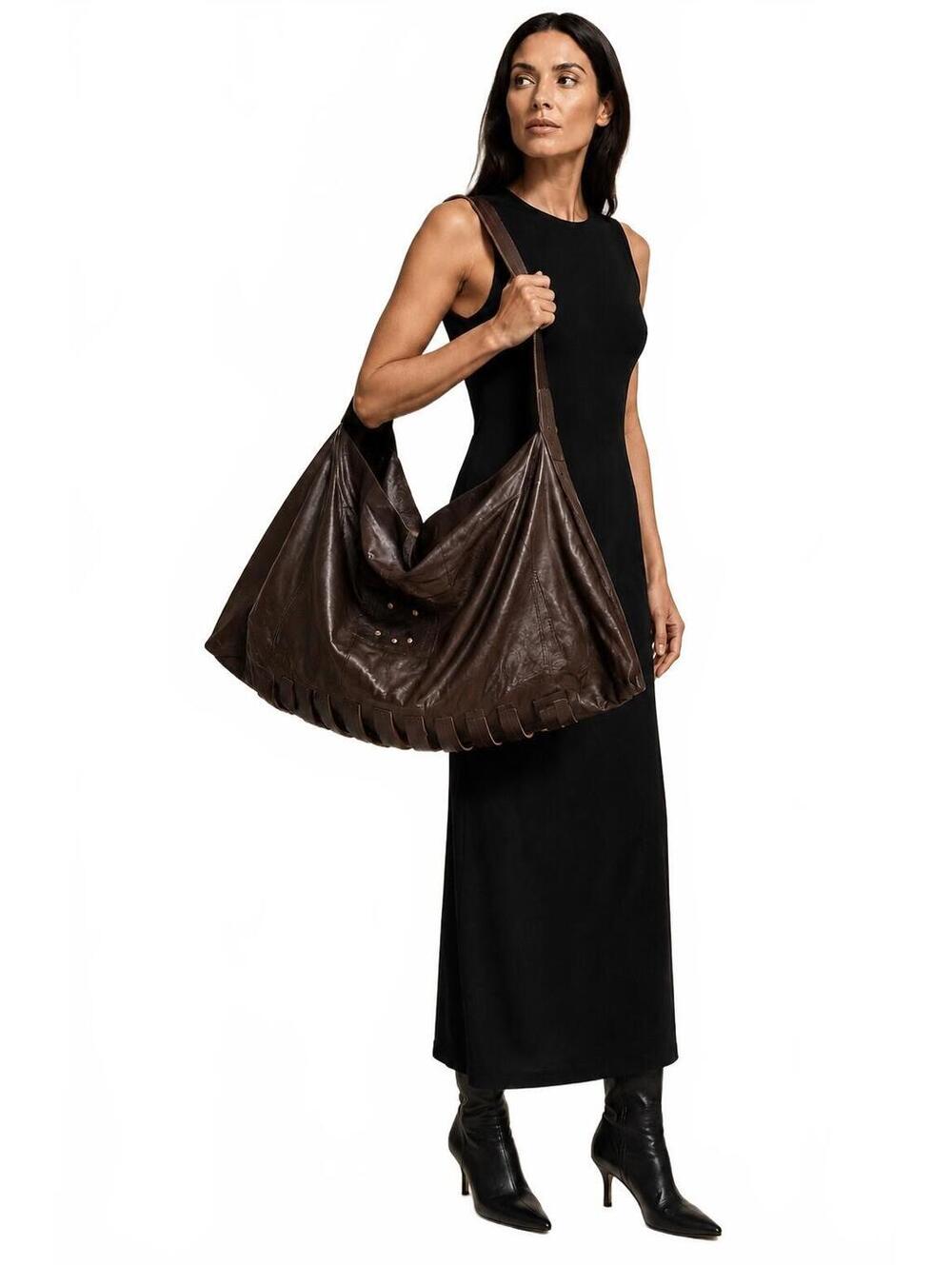 Rare Made in USA 34” Oversized Leather Shoulder Bag  Brown Avant-Garde